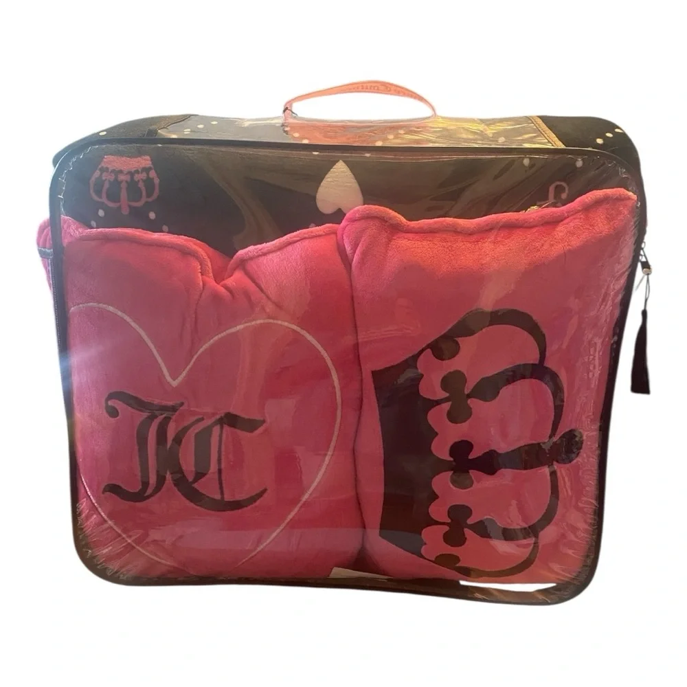 Juicy Couture Plush Black and Pink JC Crown Logo Bed Set - QUEEN / 5 Piece Set